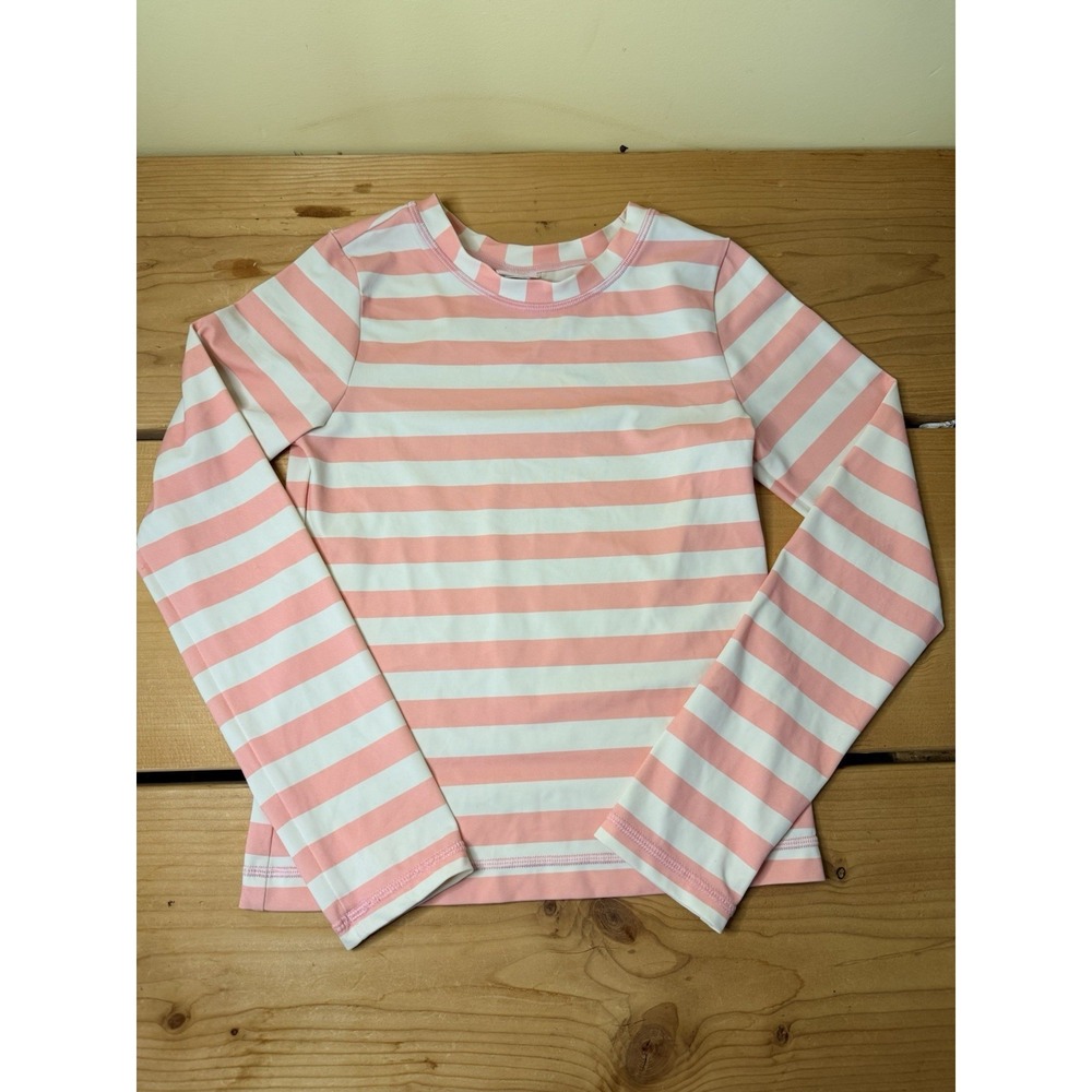 Hanna Andersson 150 (12) Long Sleeve Pink White Stripe Swim Top Rash Guard Shirt
